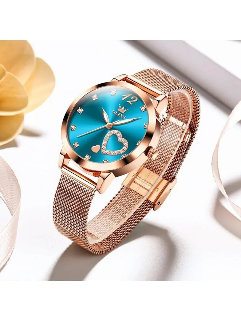 Women's Blue Mesh Strap Fashion Dress Hearts Quartz Bracelet Sets Ladies Watch